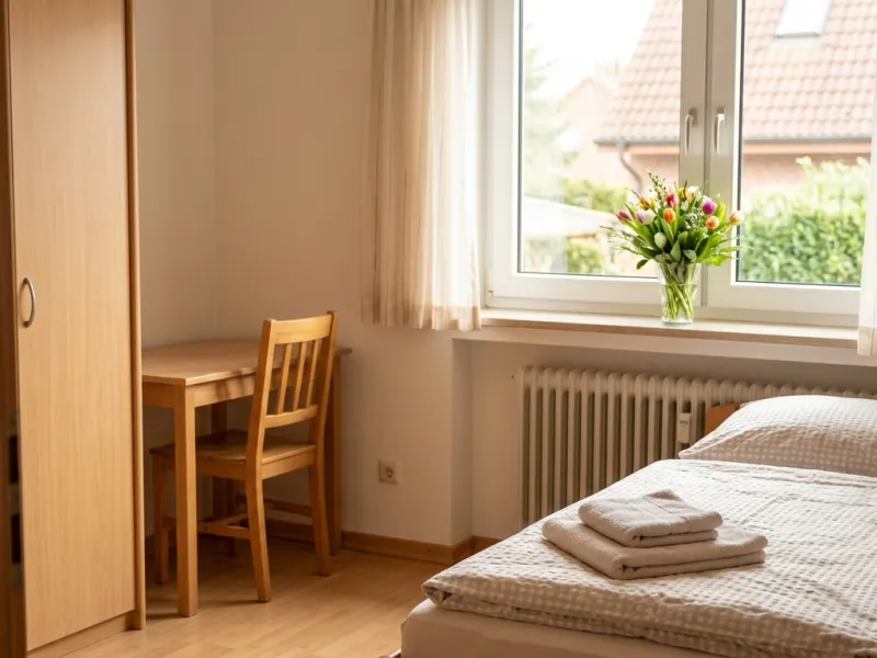 Freundlich eingerichtetes Gästezimmer mit Bett, Schrank und Blumen