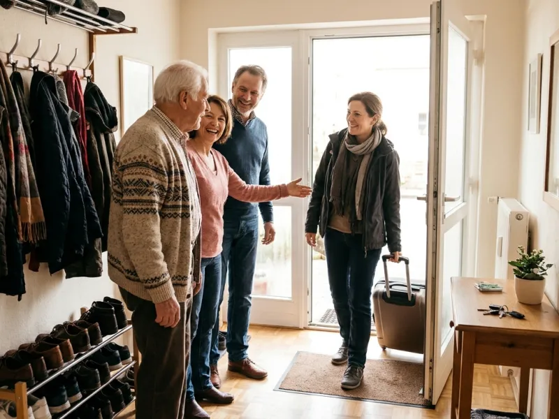 Familie begrüßt eine Betreuungskraft mit Koffer an der Haustür