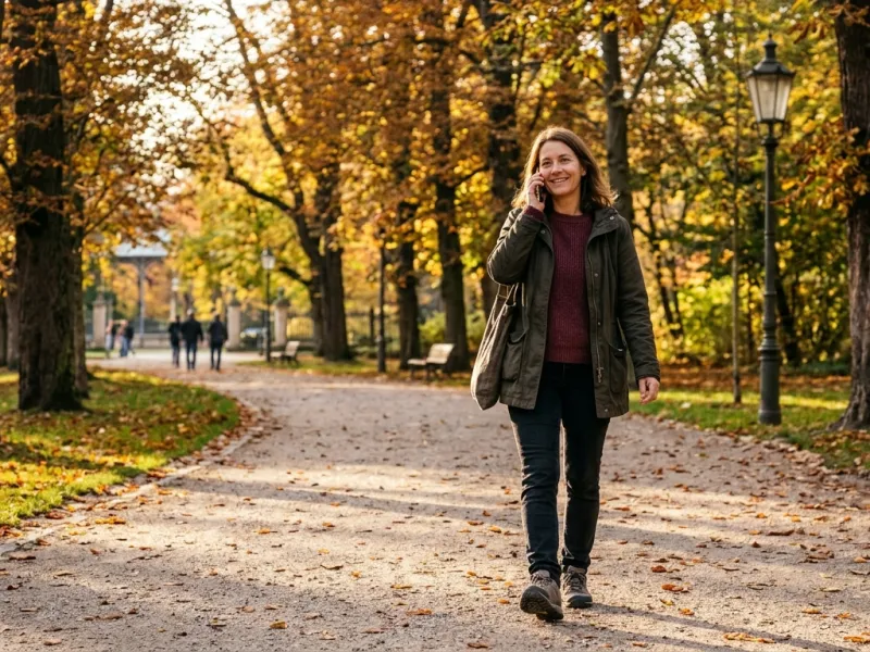 Betreuungskraft macht in der Pause einen Spaziergang im Park und telefoniert