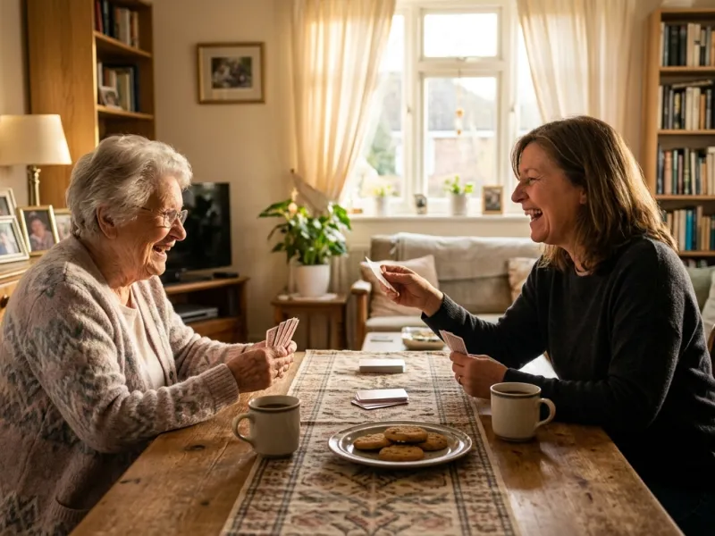 Ehrenamtliche Besucherin und ältere Dame spielen Karten im Wohnzimmer