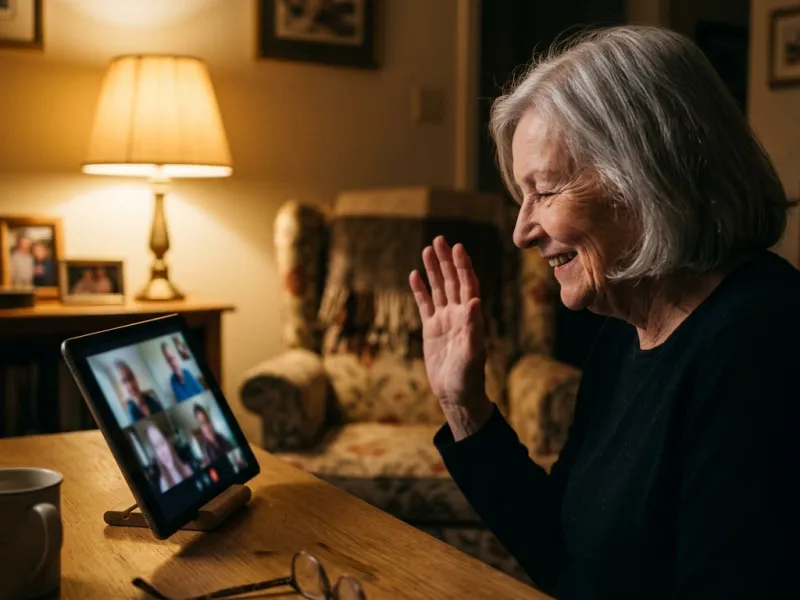 Ältere Frau winkt beim Videoanruf mit ihrer Familie auf dem Tablet