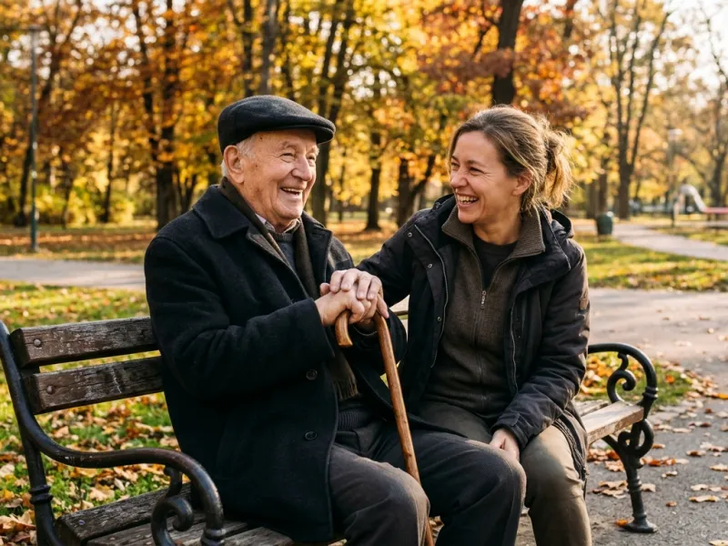 Betreuungskraft und älterer Herr lachen gemeinsam auf einer Parkbank