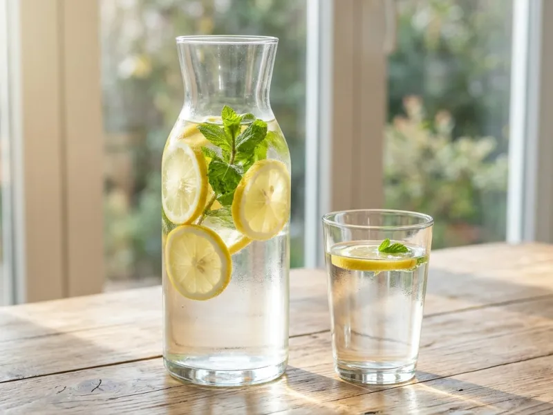 Glaskaraffe mit Wasser und Zitronenscheiben neben einem Glas auf dem Tisch