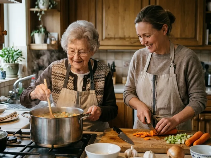 Betreuungskraft und ältere Dame kochen gemeinsam Gemüsesuppe