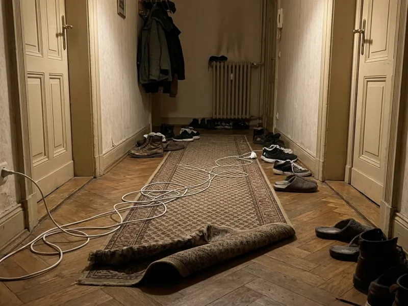Flur einer Wohnung mit Teppichläufer und Kabel auf dem Boden