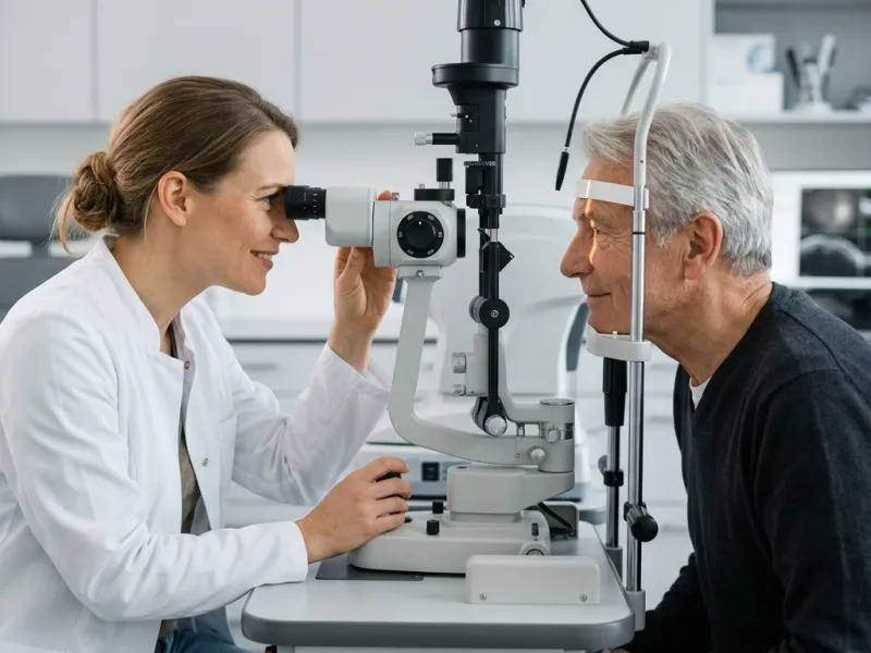 Augenärztin untersucht die Augen eines älteren Mannes