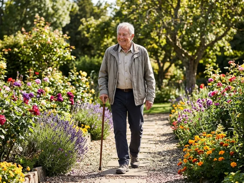 Älterer Herr geht sicher mit Gehstock durch seinen Garten