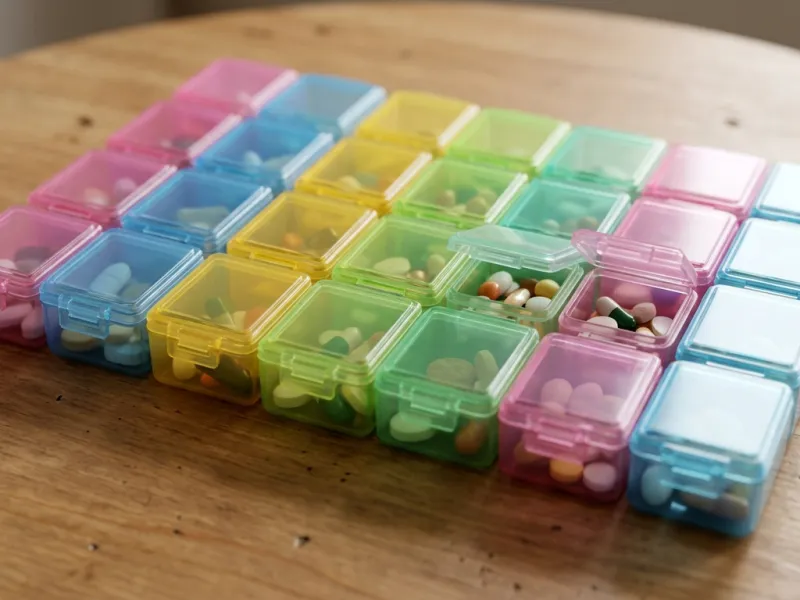 Bunte Wochendosierer-Box mit Fächern für morgens, mittags, abends und nachts