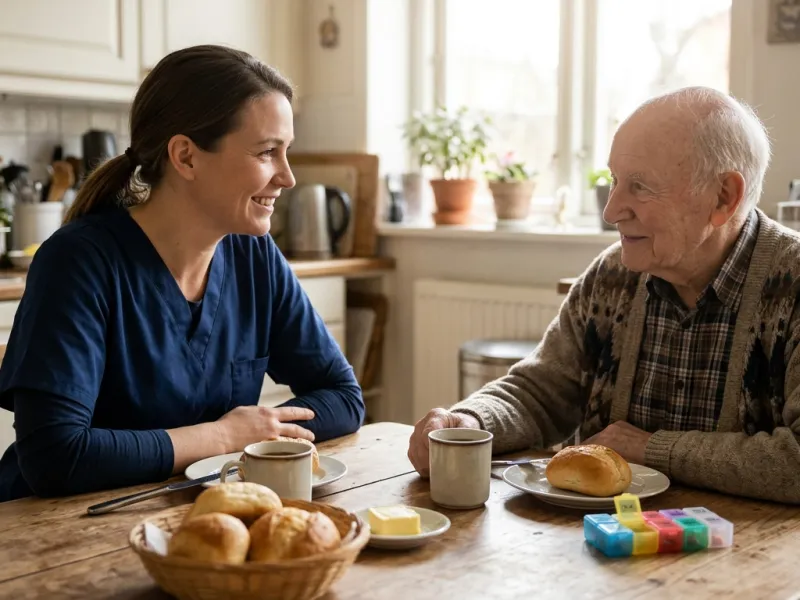 Betreuungskraft und älterer Herr am Frühstückstisch, daneben ein Wochendosierer