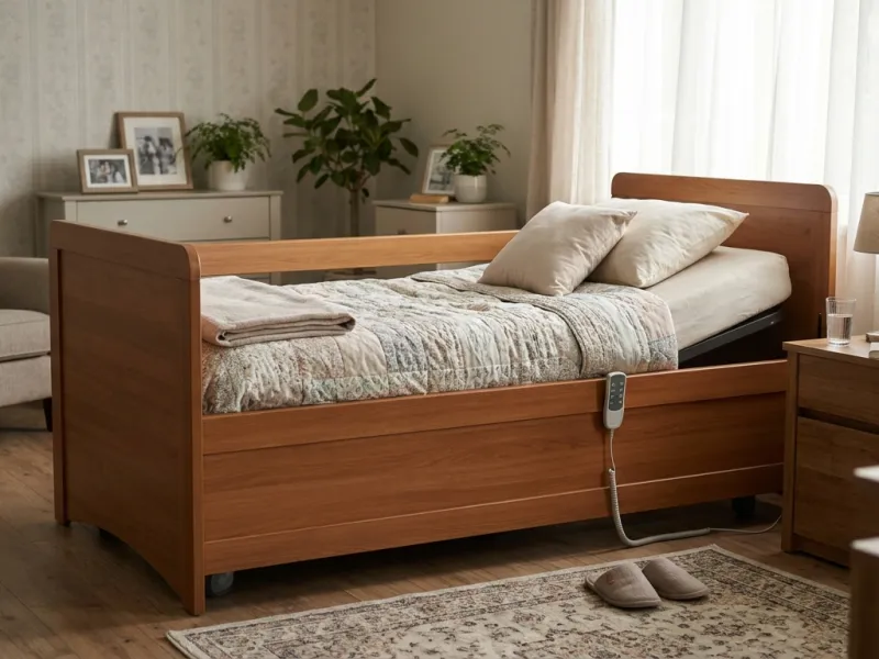 Elektrisches Pflegebett mit Holzverkleidung in einem wohnlichen Schlafzimmer