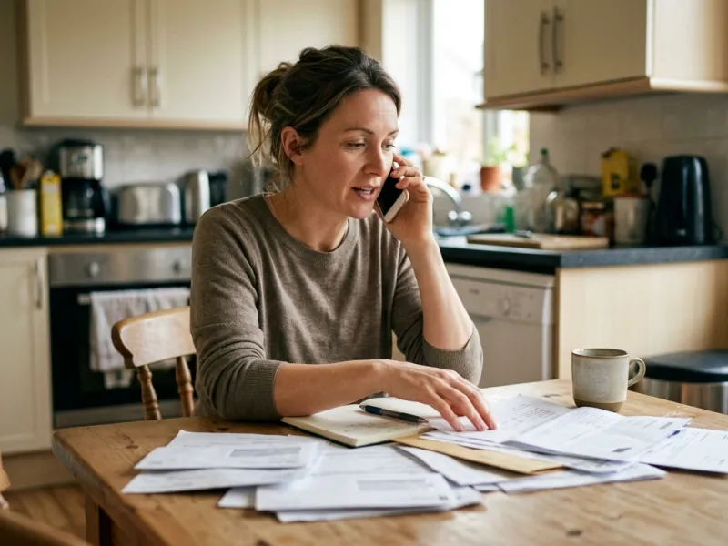 Tochter telefoniert mit der Pflegekasse, Unterlagen vor sich