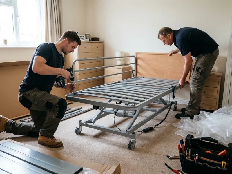 Zwei Techniker bauen ein Pflegebett in einem Schlafzimmer auf