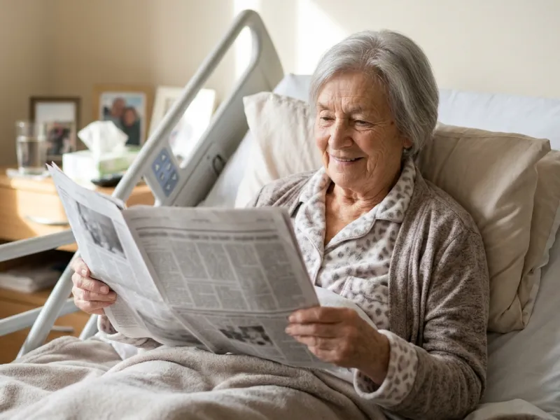 Ältere Dame sitzt aufrecht im Pflegebett und liest lächelnd die Zeitung