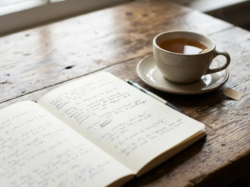 Aufgeschlagenes Notizbuch mit handschriftlichen Einträgen neben einer Teetasse