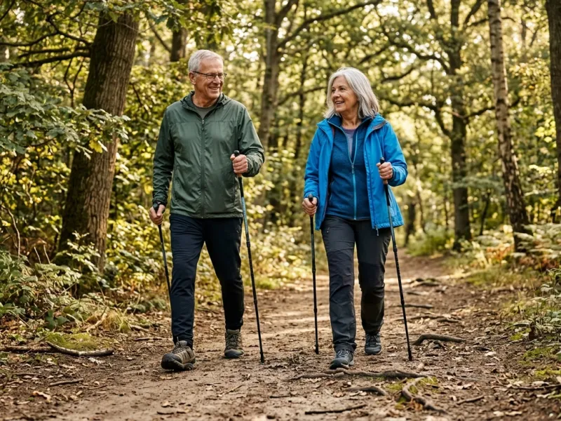 Älteres Paar beim Nordic Walking auf einem Waldweg