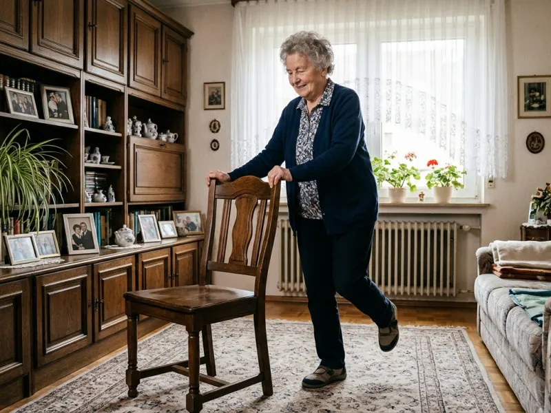 Ältere Frau macht Gleichgewichtsübungen an einer Stuhllehne im Wohnzimmer