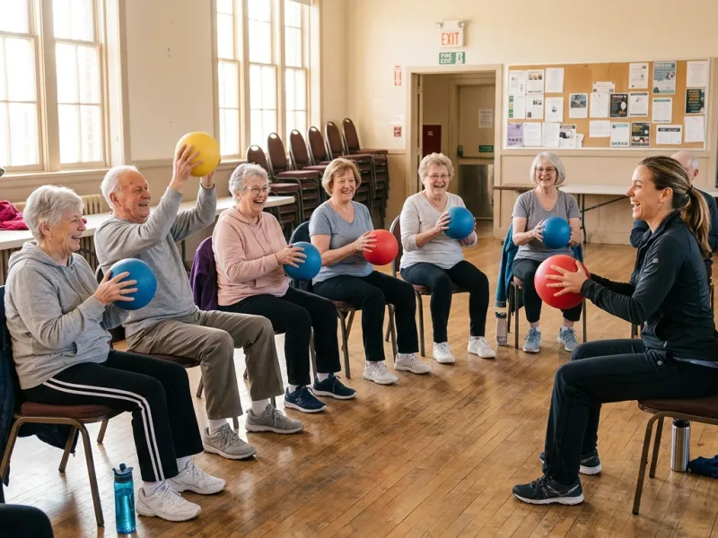Seniorengruppe bei einer Gymnastikstunde mit Bällen in einer hellen Halle