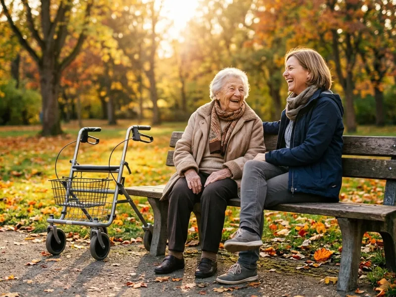 Ältere Frau und Betreuungskraft lachen gemeinsam auf einer Parkbank