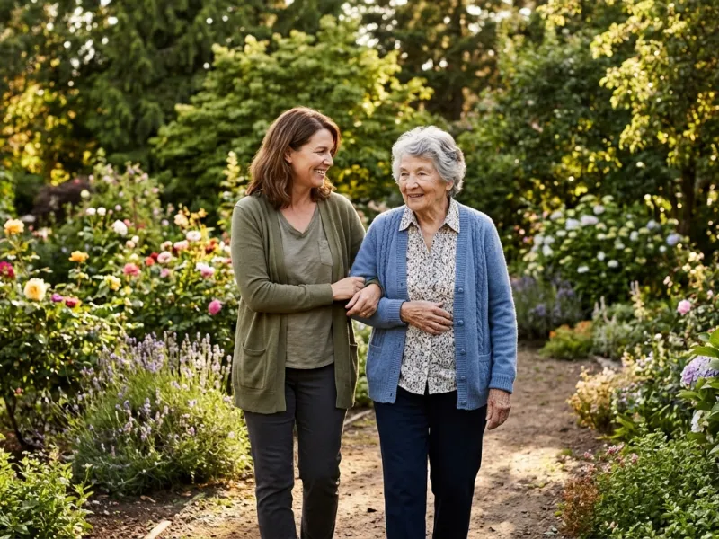 Tochter und ihre Mutter gehen lächelnd Arm in Arm durch den Garten