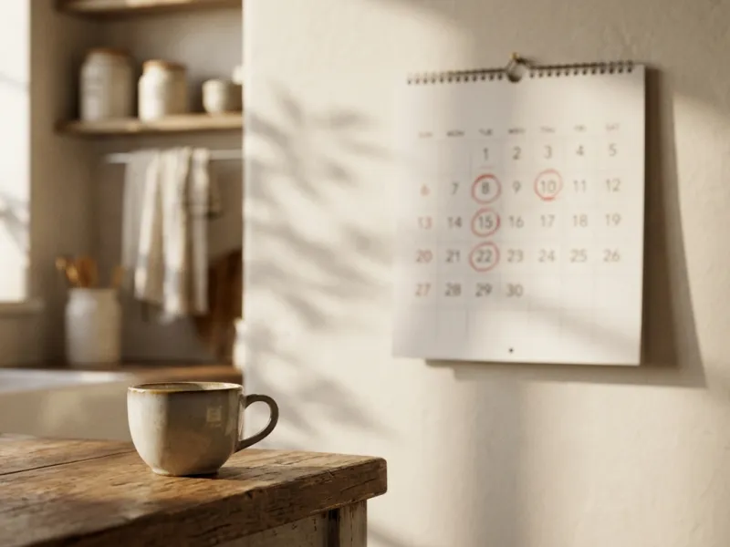 Kalender mit markierten Terminen hängt an einer Küchenwand
