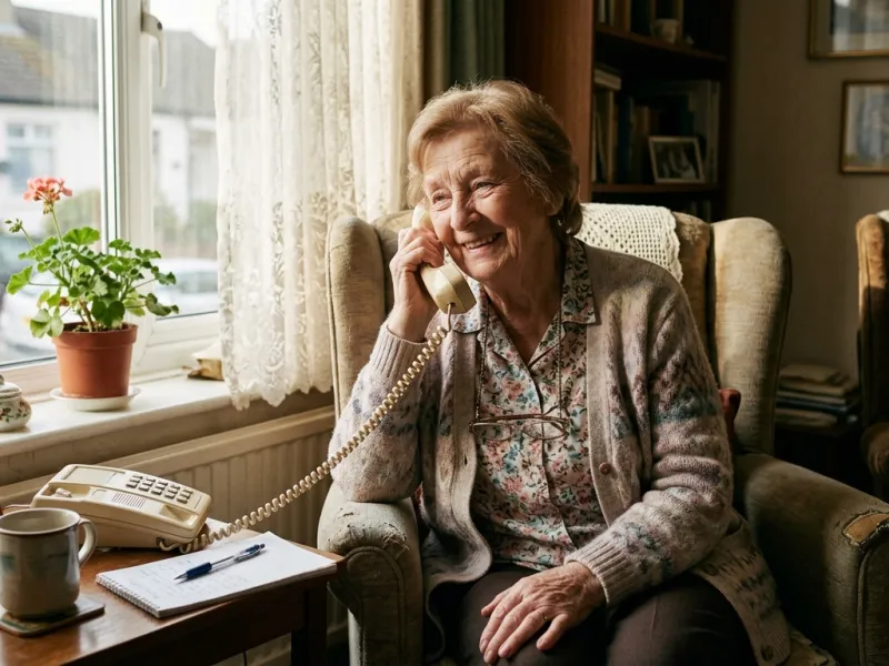 Ältere Frau telefoniert lächelnd am Fenster mit einem schnurgebundenen Telefon