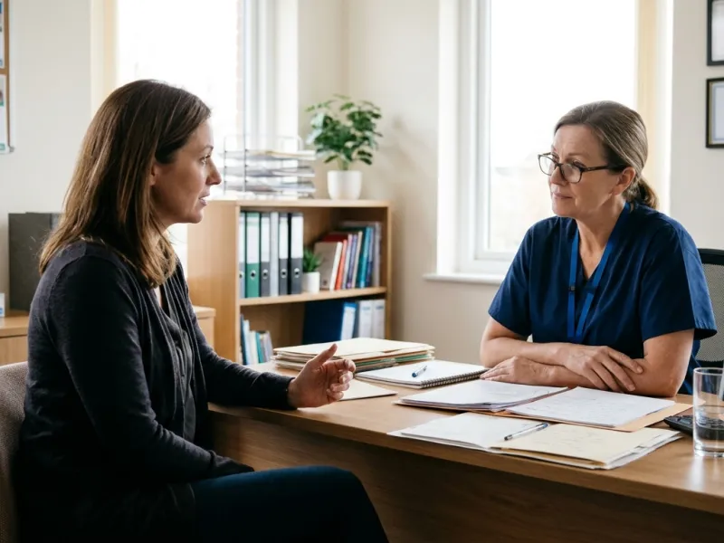 Tochter spricht ruhig mit der Pflegedienstleitung in einem hellen Büro