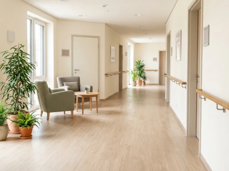 Flur eines hellen Pflegeheims mit Handlauf und Sitzecke