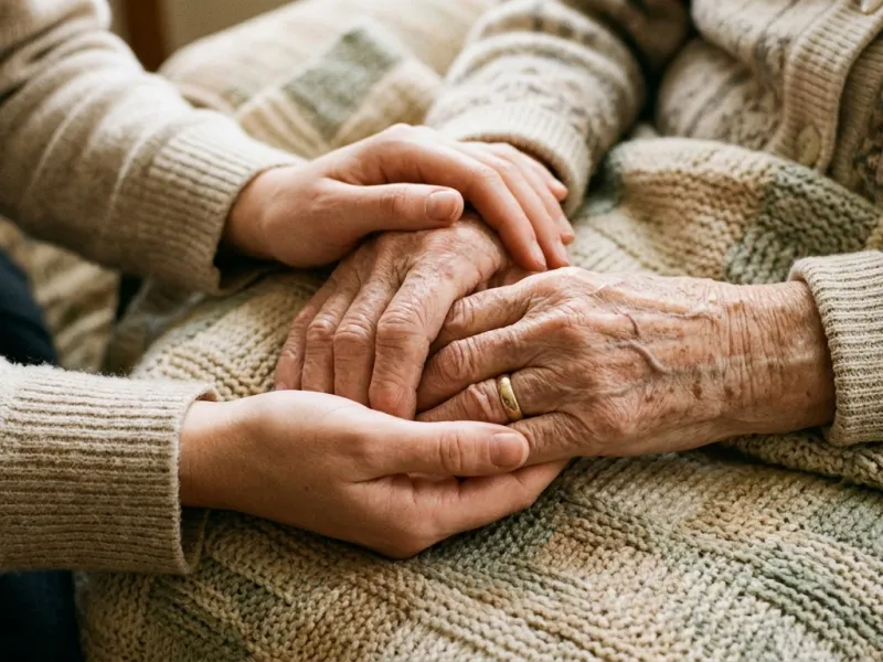 Angehörige hält tröstend die Hand einer älteren Frau