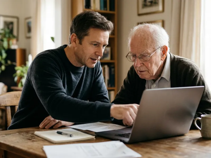 Sohn und Vater vergleichen am Laptop Informationen über Krankenhäuser