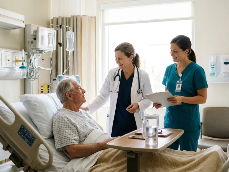 Ärztin und Pflegekraft betreuen einen älteren Patienten in einem hellen Krankenzimmer