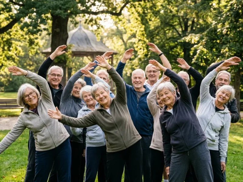 Seniorengruppe macht gemeinsam Gymnastik im Park