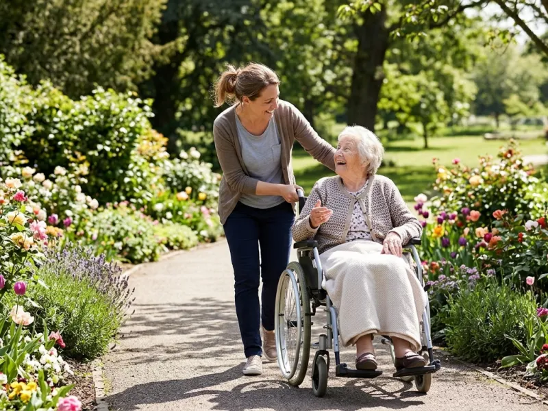 Betreuerin und ältere Dame im Rollstuhl beim Spaziergang im Garten