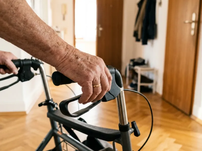 Älterer Herr geht mit einem Rollator durch einen hellen Flur