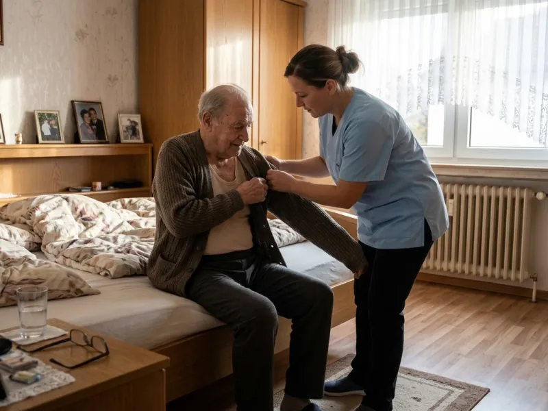 Pflegekraft hilft einem älteren Herrn morgens beim Anziehen