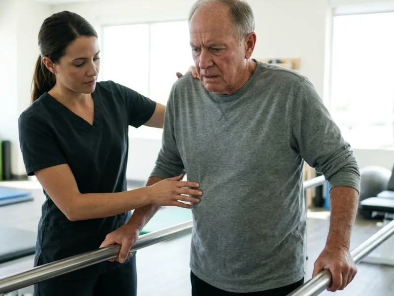 Physiotherapeutin übt mit einem älteren Patienten das Gehen am Barren