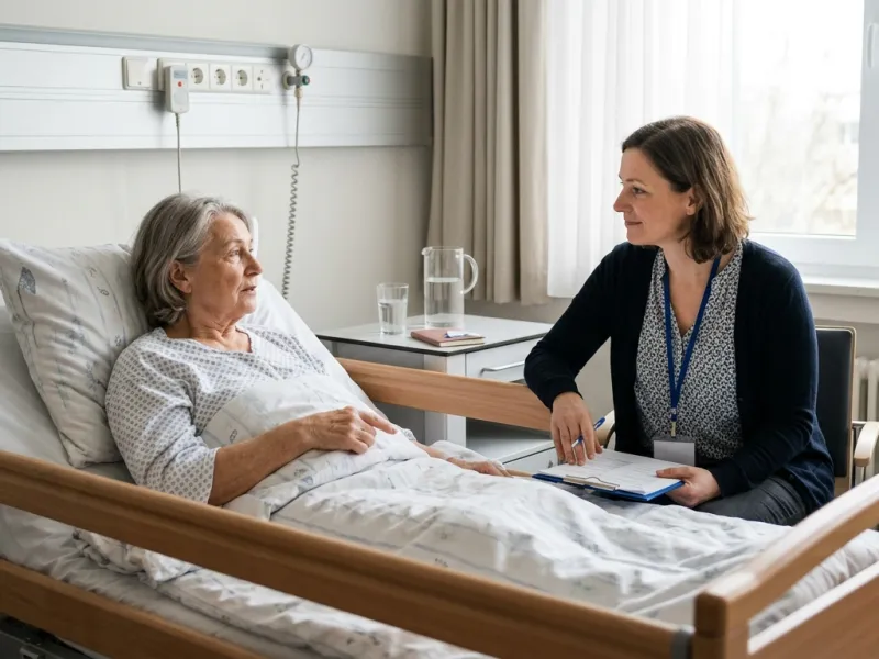 Mitarbeiterin des Kliniksozialdienstes berät eine Patientin am Krankenbett