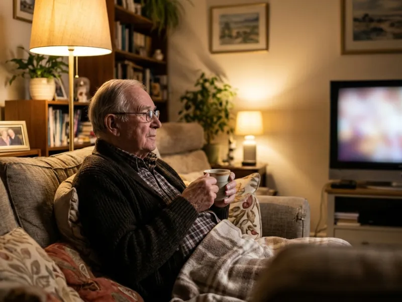 Älterer Herr sitzt mit einer Tasse Tee vor dem Fernseher im Wohnzimmer