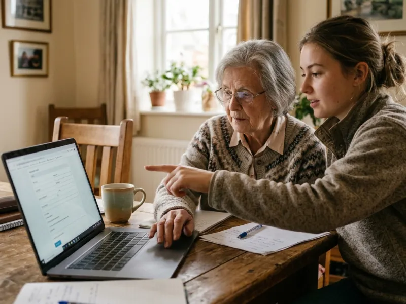 Enkelin hilft ihrer Großmutter am Laptop beim Ausfüllen eines Online-Formulars