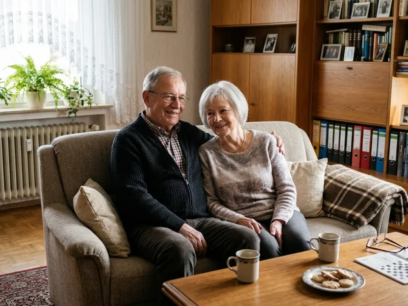 Älteres Ehepaar lächelt zufrieden auf dem Sofa