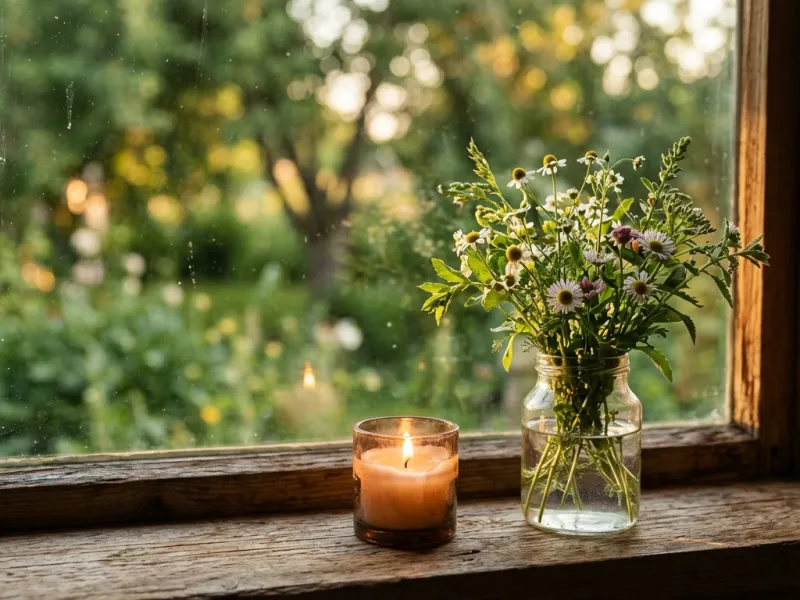 Kerze und Blumen auf einem Fensterbrett im Abendlicht