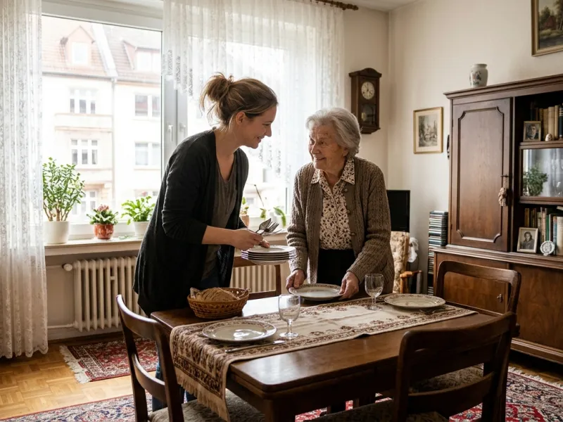 Betreuungskraft hilft einer älteren Dame beim Tischdecken