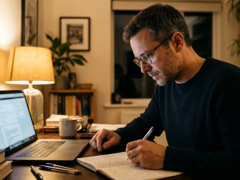 Sohn liest am Laptop Informationen und macht sich Notizen