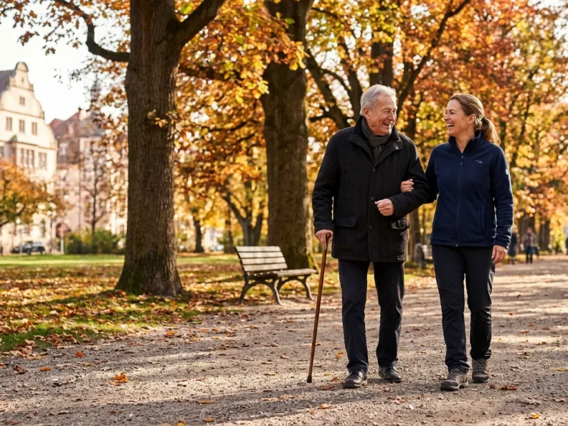 Älterer Herr und Betreuungskraft spazieren lachend durch einen Park