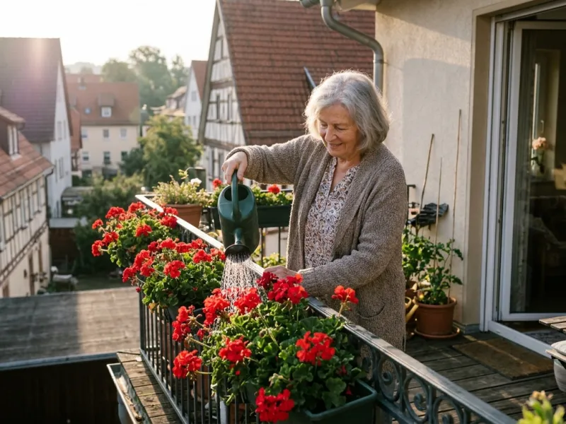 Ältere Frau gießt Blumen auf dem Balkon ihrer Wohnung