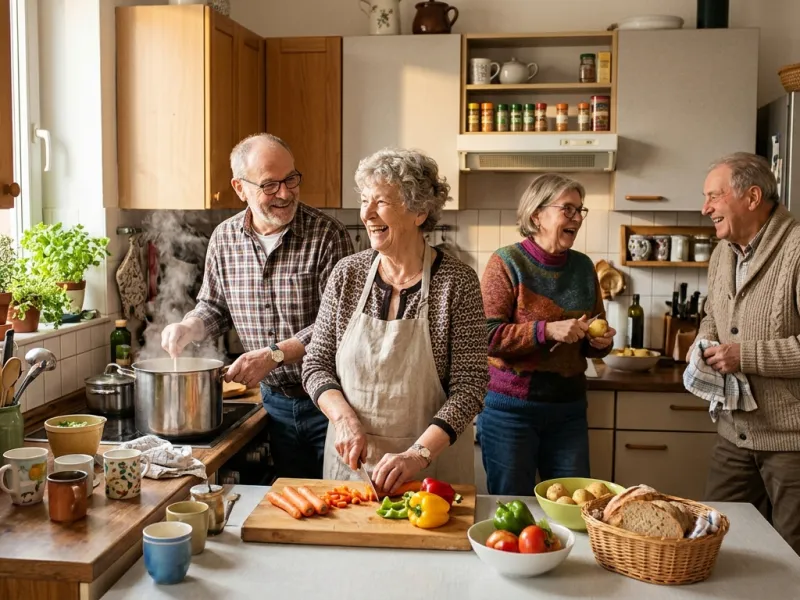 Senioren kochen gemeinsam in der Küche einer Wohngemeinschaft