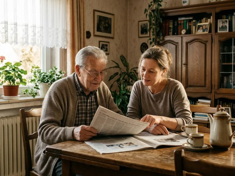 Älterer Herr und Betreuungskraft lesen gemeinsam Zeitung im Wohnzimmer