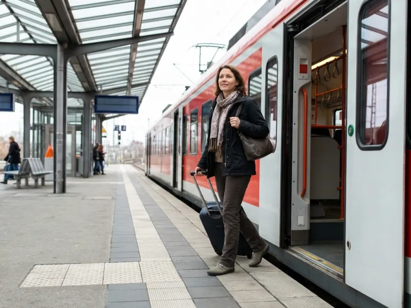 Betreuungskraft mit Koffer steigt an einem Bahnhof aus dem Zug