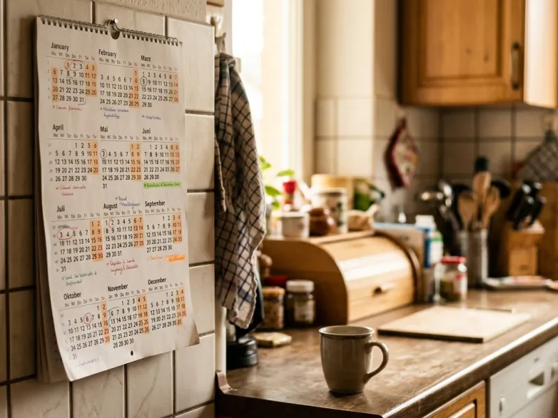 Wandkalender mit markierten Monaten in einer Küche