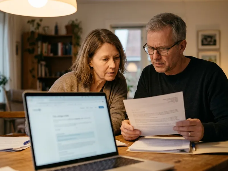 Familie prüft gemeinsam am Laptop Unterlagen eines Anbieters