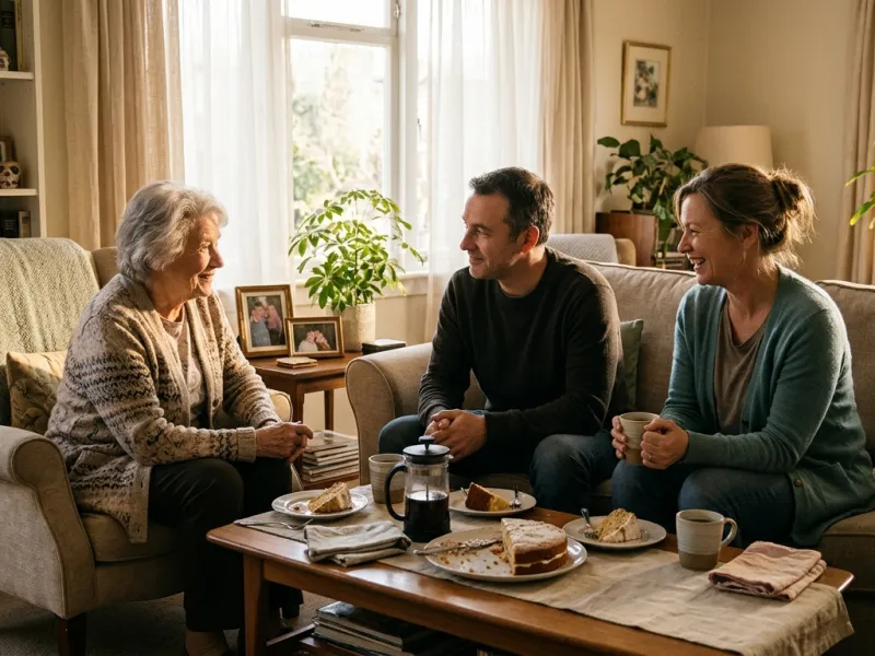 Familie und Betreuungskraft sitzen entspannt beim Kaffee im Wohnzimmer